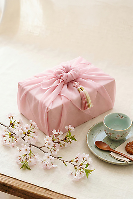 JPG 편집이미지 디자인 분홍색 포장 탁자 한국 선물포장 선물 장식 과자 숟가락 봄 벚꽃 보자기 선물세트 편집실사 AI포토 AI콘텐츠 계절 꽃 아시아 컬러 가구 디저트 수저 CG 파일형식 천_직물