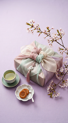 JPG 편집이미지 전통 접시 분홍색 포장 디저트 선물포장 선물 봄 벚꽃 보자기 녹차 한과 다과 선물세트 편집실사 AI포토 AI콘텐츠 식기 계절 꽃 음식 컬러 차_음료 전통음식 CG 파일형식 천_직물