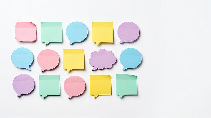 JPG 편집이미지 컬러 말풍선 스티커 커뮤니케이션 문구용품 아이디어 사무용품 기록 메모지 포스트잇 창의력 편집실사 AI포토 AI콘텐츠 컨셉 CG 오브젝트 파일형식