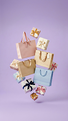 JPG 편집이미지 포장 선물 이벤트 공중 장식 선물상자 쇼핑 쇼핑백 장면 연보라색 이미지편집 AI컴퓨터그래픽 AI콘텐츠 가방 상자 보라색 파일형식