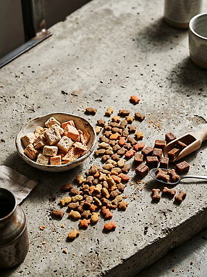 JPG 편집이미지 그릇 고양이 먹이 흩어짐 고양이먹이 편집실사 AI포토 AI콘텐츠 식기 컨셉 포유류 반려동물 CG 파일형식