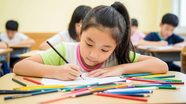 JPG 편집이미지 손 여학생 종이 어린이 예술 교실 색연필 친구 학습 집중 그림 의료성형뷰티 편집실사 AI인물포토 AI콘텐츠 학생 여자 교육 컨셉 학교 관계 학용품 사람 신체부위 CG 파일형식 AI포토