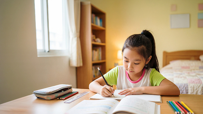 JPG 편집이미지 학생 여학생 어린이 책 학습 연필 방 집중 책상 과제 의료성형뷰티 편집실사 AI인물포토 AI콘텐츠 여자 교육 가구 컨셉 학용품 사람 필기구 CG 파일형식 AI포토