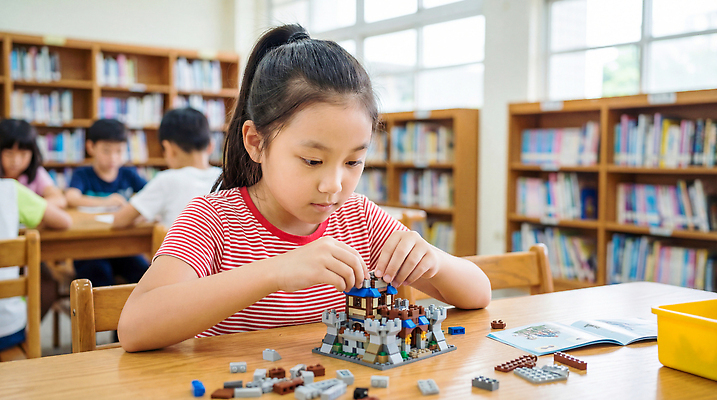 JPG 편집이미지 어린이 모션 놀이 책 친구 학습 블록 성 도서관 집중 책상 레고 조립 의료성형뷰티 편집실사 AI인물포토 AI콘텐츠 건축물 교육 가구 컨셉 관계 사람 장난감 CG 파일형식 AI포토