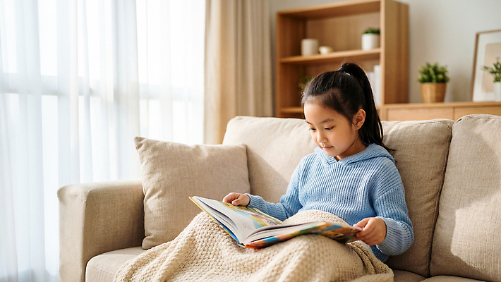 JPG 편집이미지 어린이 모션 실내 취미 생활 책 학습 소파 독서 공간 편안함 담요 집중 의료성형뷰티 편집실사 AI인물포토 AI콘텐츠 교육 컨셉 의자 사람 내부 감각 CG 파일형식 AI포토