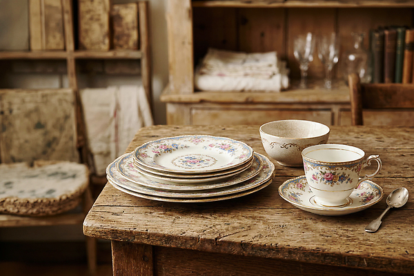 JPG 편집이미지 접시 식탁 컵 앤티크 빈티지 오브젝트 나무탁자 편집실사 AI포토 AI콘텐츠 식기 컨셉 탁자 CG 파일형식