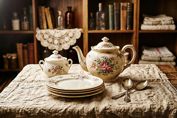 JPG 편집이미지 접시 꽃무늬 책장 앤티크 다기 찻주전자 나무탁자 편집실사 AI포토 AI콘텐츠 식기 꽃 가구 무늬 탁자 주전자 다도 CG 파일형식