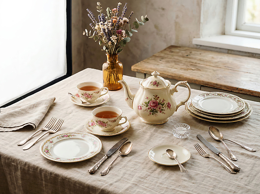 JPG 편집이미지 식기 접시 꽃무늬 식탁 탁자 주전자 장식 앤티크 찻잔 오브젝트 다과 담소 편집실사 AI포토 AI콘텐츠 꽃 가구 무늬 주방용품 디저트 잔 CG 파일형식