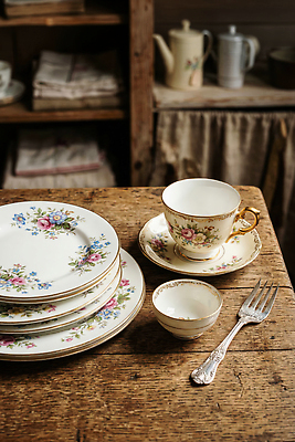 JPG 편집이미지 그릇 접시 꽃무늬 식탁 수저 장식 컵 세트 앤티크 나무탁자 편집실사 AI포토 AI콘텐츠 식기 꽃 무늬 탁자 CG 파일형식