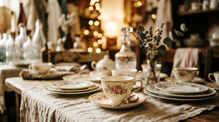 JPG 편집이미지 접시 탁자 유리병 장식 빛 인테리어 카페 앤티크 찻잔 복고 편집실사 AI포토 AI콘텐츠 식기 디자인 가구 병_용기 잔 상점 CG 파일형식