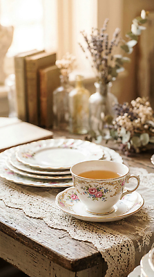 JPG 편집이미지 접시 꽃무늬 탁자 장식 책 인테리어 식사 카페 앤티크 빈티지 찻잔 오브젝트 편집실사 AI포토 AI콘텐츠 식기 디자인 꽃 가구 컨셉 무늬 잔 상점 CG 파일형식