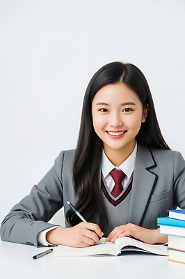 JPG 편집이미지 학생 여학생 교육 교복 학교 모션 청소년 웃음 책 학습 펜 공책 교양 집중 책상 의료성형뷰티 편집실사 AI인물포토 AI콘텐츠 옷 여자 가구 컨셉 문구용품 표정 사람 필기구 CG 파일형식 AI포토