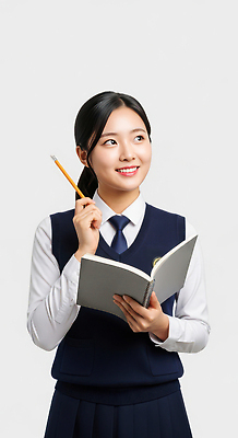 JPG 편집이미지 여학생 교육 교복 생각 학교 청소년 표정 책 학습 연필 공책 기록 질문 집중 준비 의료성형뷰티 편집실사 AI인물포토 AI콘텐츠 학생 옷 여자 컨셉 문구용품 학용품 사람 필기구 CG 파일형식 AI포토