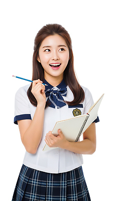 JPG 편집이미지 학생 여학생 교복 생각 모션 청소년 표정 웃음 들기 학습 연필 공책 잡기 의료성형뷰티 편집실사 AI인물포토 AI콘텐츠 옷 여자 교육 문구용품 학용품 사람 필기구 CG 파일형식 AI포토