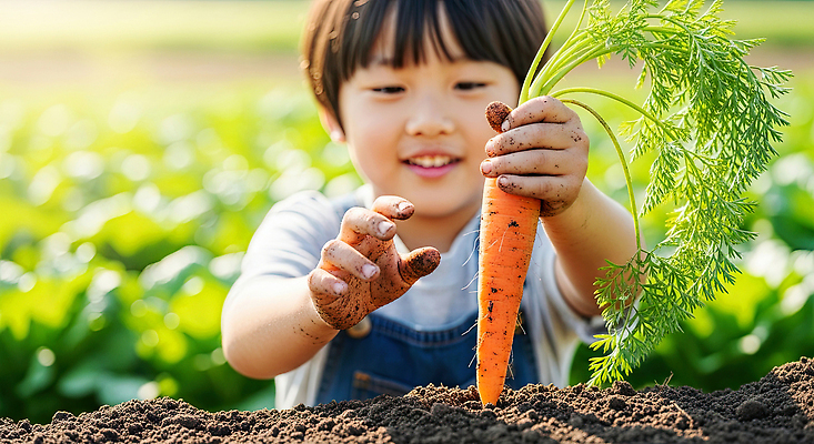 JPG 식물 편집이미지 어린이 자연 웃음 야외 농장 농사 흙 당근 수확 성장 체험학습 의료성형뷰티 편집실사 AI인물포토 AI콘텐츠 농업 뿌리채소 표정 사람 체험 CG 생태계 파일형식 AI포토