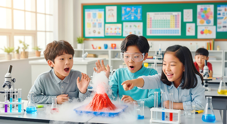 JPG 편집이미지 학생 교육 어린이 과학 교실 실험기구 실험 친구 학습 모형 도구 관찰 체험학습 즐거움 화산 반응 흥미 의료성형뷰티 편집실사 AI인물포토 AI콘텐츠 감정 컨셉 학교 관계 모션 산 사람 체험 CG 파일형식 AI포토