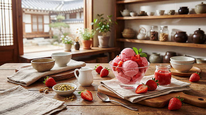 JPG 편집이미지 전통 그릇 음식 과일 탁자 딸기 아이스크림 디저트 한옥 컵 딸기아이스크림 편집실사 AI포토 AI콘텐츠 한국전통 식기 가구 고건축 CG 파일형식