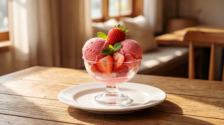 JPG 편집이미지 그릇 과일 탁자 딸기 아이스크림 디저트 여름 햇빛 카페 맛 딸기아이스크림 편집실사 AI포토 AI콘텐츠 식기 계절 음식 가구 컨셉 태양 상점 CG 파일형식