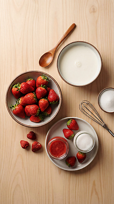 JPG 편집이미지 그릇 음식 재료 딸기 디저트 요리 주방 숟가락 도구 달콤 설탕 준비 딸기아이스크림 편집실사 AI포토 AI콘텐츠 식기 과일 아이스크림 수저 맛 CG 파일형식