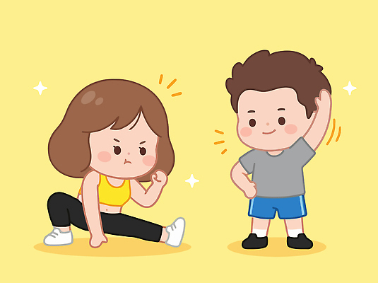 캐릭터 여자 남자 다이어트 일러스트 모션 함께함 표정 건강 운동복 운동 노란색 헬스 스트레칭 자신감 즐거움 국내일러스트 AI파일 옷 감정 컬러 컨셉 사람 파일형식 벡터