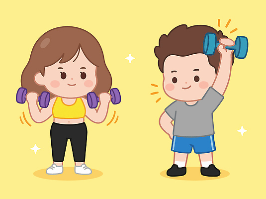 캐릭터 여자 남자 스포츠 다이어트 일러스트 모션 근육 건강 운동 운동기구 헬스 힘 아령 헬스장 체육 팔 들어올리기 국내일러스트 AI파일 사람 신체부위 파일형식 벡터
