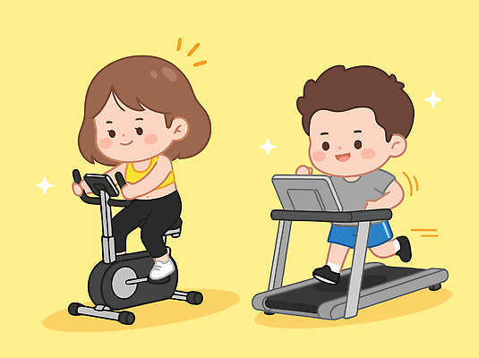 여자 남자 다이어트 일러스트 건강 운동복 운동 자전거 운동기구 헬스 활발 체육관 런닝머신 유산소운동 스트레스해소 트레드밀 국내일러스트 AI파일 옷 컨셉 사람 바이크 파일형식 벡터