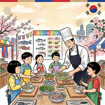 JPG 전통 문화 어린이 음식 일러스트 재료 모션 협력 한국 요리 학습 요리사 신선 체험 시장 고객 해산물 만들기 수산시장 국내일러스트 AI일러스트 AI콘텐츠 직업 교육 아시아 컨셉 사람 파일형식