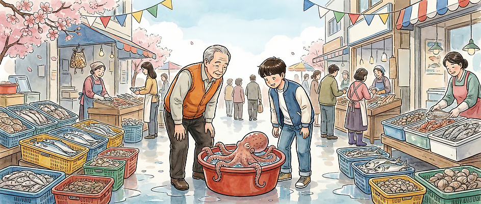 JPG 전통 할아버지 바다 일러스트 가족 거리 어류 소년 여러명 판매 바구니 신선 체험 시장 상인 해산물 즐거움 문어 수산시장 국내일러스트 AI일러스트 AI콘텐츠 노년 남자 감정 어린이 다수 컨셉 관계 연체동물 사람 수중동물 파일형식