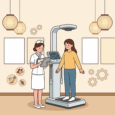 여자 일러스트 의학 실내 건강 병원 기계 진료 한의학 환자 간호사 기록 몸무게 측정 검사 상담 한의원 체중측정 국내일러스트 AI파일 사람 내부 의료진 파일형식 벡터