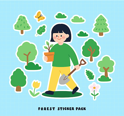 나무 식물 꽃 스티커 일러스트 자연 사람 걷기 정원 숲 삽 식목일 나무심기 국내일러스트 AI파일 기념일 모션 생태계 심기 파일형식 벡터