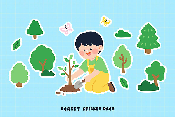 나무 식물 어린이 나비 스티커 일러스트 모션 자연 나뭇잎 환경 성장 숲 땅 식목일 즐거움 생태계 나무심기 심기 국내일러스트 AI파일 기념일 감정 곤충 잎 사람 파일형식 벡터