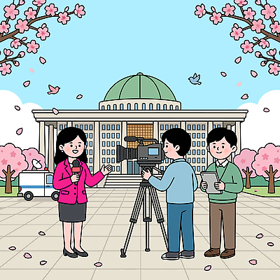 나무 꽃 일러스트 한국 사람 카메라 촬영 봄 벚꽃 기자 뉴스 방송 국회의사당 인터뷰 국회 국내일러스트 AI파일 식물 직업 계절 아시아 전자제품 파일형식 벡터