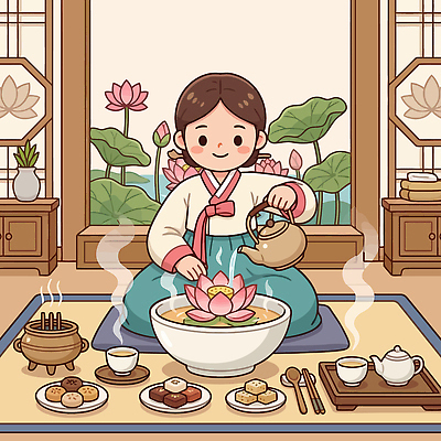 식물 한국문화 전통 여자 불교 일러스트 한국 연꽃 과자 방 다기 다도 한복 찻주전자 향기 차마시기 국내일러스트 AI파일 동양문화 한국전통 꽃 아시아 종교 주전자 디저트 사람 마시기 예절 전통의상 냄새 파일형식 벡터