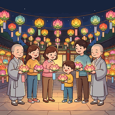 전통 여자 남자 행복 종교 문화 어린이 불교 일러스트 가족 조명 한국 대화 축제 모임 기도 등불 사원 승려 연등 등불축제 연꽃축제 연등축제 국내일러스트 AI파일 감정 아시아 관계 말하기 사람 성직자 불교용품 꽃축제 파일형식 벡터