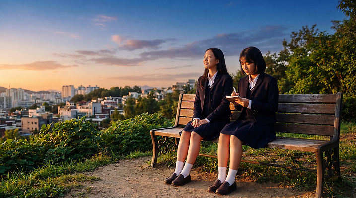 JPG 편집이미지 학생 벤치 학교 자연 하늘 휴식 대화 풍경 친구 일몰 도시 시간 즐거움 편집실사 AI인물포토 AI콘텐츠 교육 감정 컨셉 의자 관계 말하기 노을 CG 생태계 파일형식 AI포토