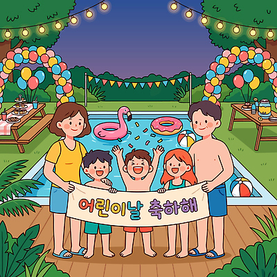 어린이 음식 일러스트 물놀이 수영장 장식 친구 파티 수영 모임 축하 저녁 어린이날 풍선 풀빌라 국내일러스트 AI파일 기념일 컨셉 관계 놀이 숙소 사람 이벤트 수상스포츠 밤 야간 파일형식 벡터