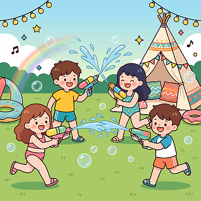 여자 남자 어린이 일러스트 모션 물놀이 텐트 웃음 여름 친구 파티 게임 즐거움 물총 국내일러스트 AI파일 계절 감정 관계 놀이 표정 캠핑도구 사람 이벤트 파일형식 벡터