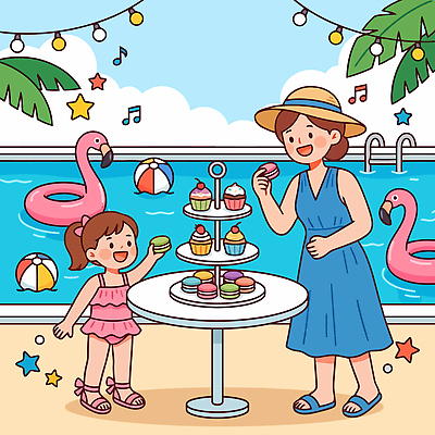 여자 딸 어린이 일러스트 가족 엄마 디저트 수영장 웃음 장식 여름 파티 컵케이크 즐거움 마카롱 풀빌라 국내일러스트 AI파일 계절 감정 음식 관계 숙소 표정 사람 이벤트 케이크 파일형식 벡터