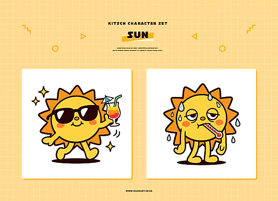 캐릭터 감정 음료 컬러 일러스트 피곤 웃음 여름 태양 더위 즐거움 일러캐릭터 AI파일 자연요소 계절 컨셉 날씨 표정 파일형식 벡터