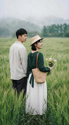 JPG 나무 편집이미지 여자 남자 꽃다발 밭 자연 초원 두명 산책 농촌 시골 귀농 오후 청보리 청보리밭 의료성형뷰티 편집실사 AI인물포토 AI콘텐츠 식물 꽃 농업 휴식 사람 CG 생태계 보리 파일형식 AI포토