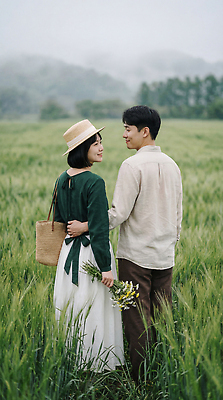 JPG 편집이미지 커플 응시 꽃 밭 모션 자연 대화 사랑 초록색 여름 손잡기 시간 청보리 청보리밭 의료성형뷰티 편집실사 AI인물포토 AI콘텐츠 식물 시선 계절 감정 컬러 농업 관계 말하기 CG 생태계 보리 파일형식 AI포토