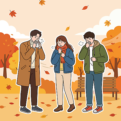 나무 공원 여자 남자 일러스트 모션 자연 나뭇잎 건강 사람 풍경 일상 친구 기침 환절기 국내일러스트 AI파일 식물 계절 공공시설 잎 관계 라이프 생태계 파일형식 벡터