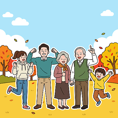 나무 공원 여자 노년 남자 행복 감정 어린이 일러스트 가족 모션 자연 하늘 거리 웃음 부모 자녀 즐거움 조부모 환절기 국내일러스트 AI파일 식물 계절 공공시설 관계 표정 사람 성인 생태계 파일형식 벡터