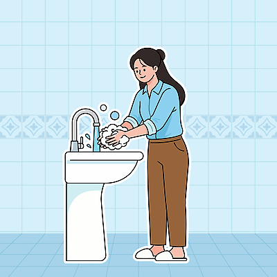 손 옷 여자 일러스트 모션 실내 건강 일상 물 청결 거품 위생 타일 세면대 화장실 비누 손씻기 환절기 국내일러스트 AI파일 자연요소 계절 사람 내부 라이프 신체부위 위생용품 씻기 파일형식 벡터