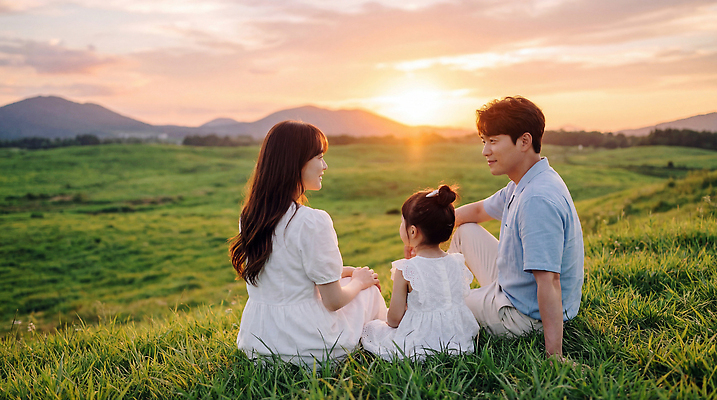 JPG 편집이미지 어린이 가족 자연 대화 앉기 초원 부모 햇빛 평화 저녁 즐거움 의료성형뷰티 편집실사 AI인물포토 AI콘텐츠 감정 컨셉 관계 모션 말하기 사람 태양 밤 야간 CG 생태계 파일형식 AI포토