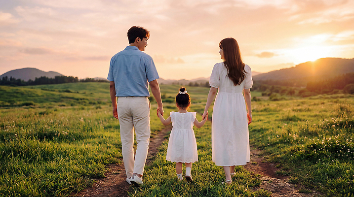 JPG 편집이미지 행복 어린이 가족 자연 하늘 그림자 풍경 잔디 초원 부모 걷기 손잡기 일몰 산책 저녁 의료성형뷰티 편집실사 AI인물포토 AI콘텐츠 식물 감정 관계 모션 휴식 사람 노을 야간 CG 생태계 파일형식 AI포토