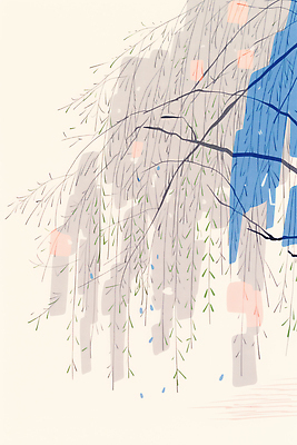 JPG 나무 백그라운드 일러스트 자연 나뭇잎 풍경 파란색 버드나무 조화 국내일러스트 AI일러스트 AI콘텐츠 식물 컬러 잎 생태계 파일형식