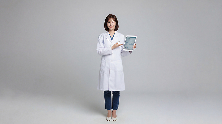 JPG 편집이미지 여자 과학 의학 건강 설명 성인 태블릿 진료 의사 흰색 청바지 의사가운 실험실 결과 검사_조사 연구소 전문 의료성형뷰티 편집실사 AI인물포토 AI콘텐츠 컬러 컨셉 바지 모션 실험 사람 전자제품 스마트기기 의료진 가운 CG 파일형식 AI포토