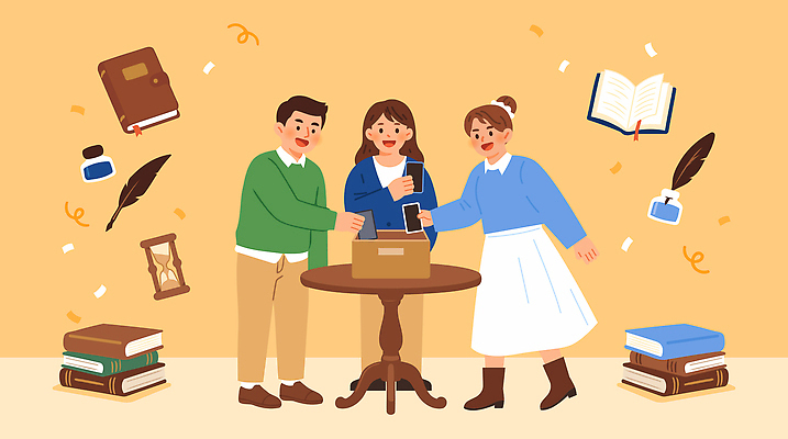 라이프스타일 일러스트 탁자 협력 문구용품 아이디어 사람 책 세명 학습 상자 독서 기록 클래식 즐거움 아날로그 창의력 국내일러스트 AI파일 교육 감정 가구 컨셉 생활 오브젝트 파일형식 벡터