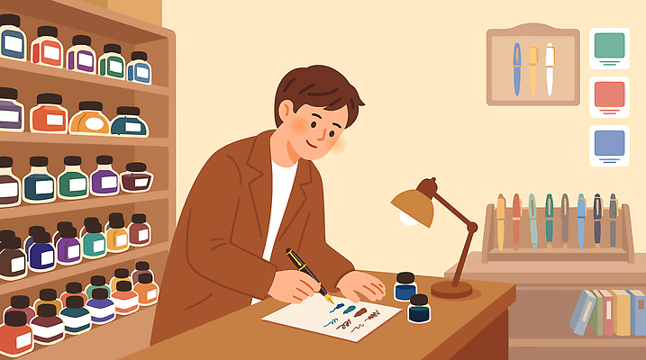 문자 라이프스타일 손 남자 종이 컬러 일러스트 잉크 사무실 필기구 펜 작업 작업실 클래식 스케치 집중 그림 문서 아날로그 잉크통 창작 국내일러스트 AI파일 컨셉 비즈니스 문구용품 통 미술 사람 생활 신체부위 파일형식 벡터